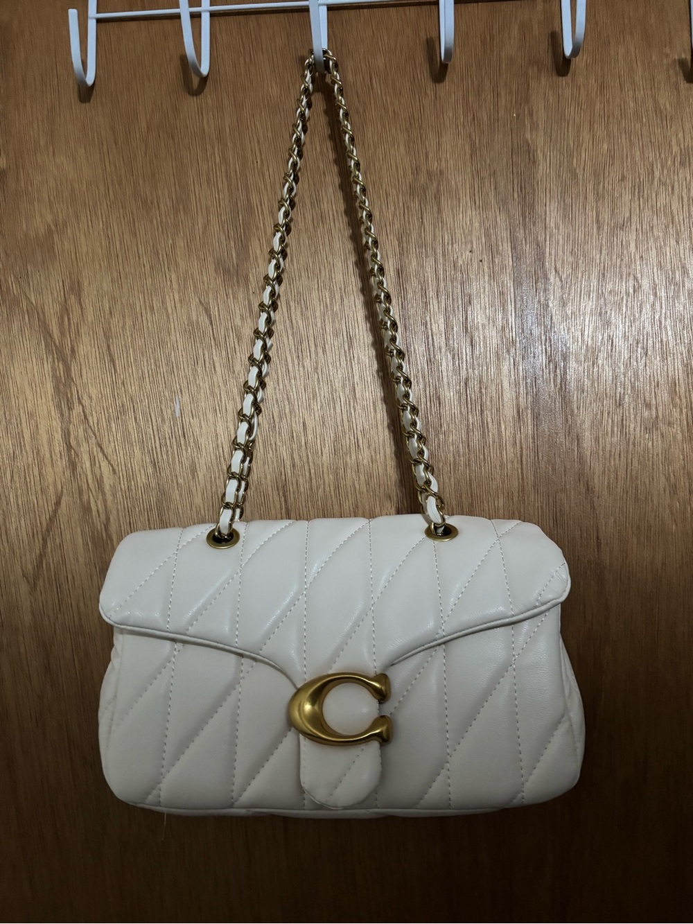 Cream Quilted Shoulder Bag with Gold 'C' Accent